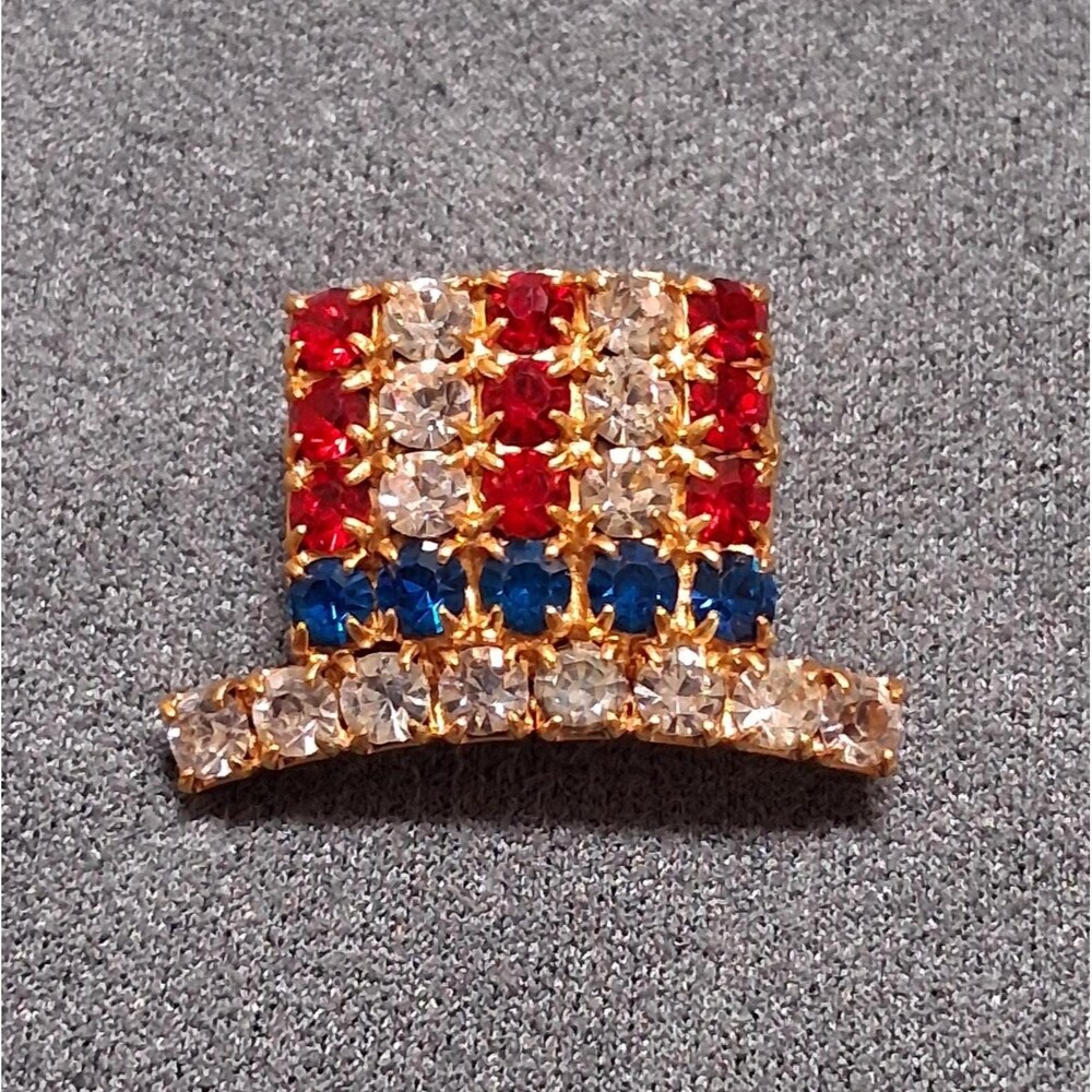 Vintage Rhinestone Top Hat Brooch Uncle Sam Patriotic